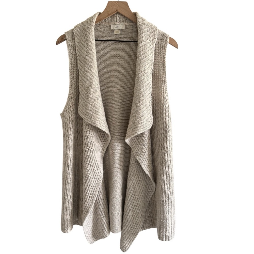 LOFT Knit Cardigan Vest Size Large Cream Ribbed Open Front Shawl Collar Layering
